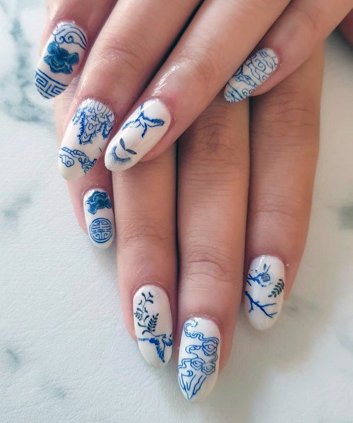 Dark Blue Stamp Inked Art Work On White Nails Women