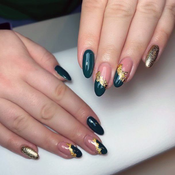 Dark Bluish Green Nails With Gold Art Nails Women