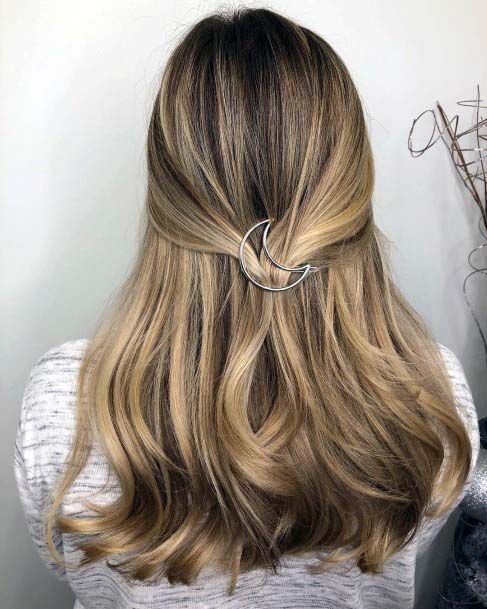 Dark Brown And Blonde Highlighted Pulled Back Polished Womens Hairstyle