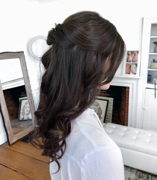 Dark Brown Hair With Large Curls And Half Up Pull Back Into Twist