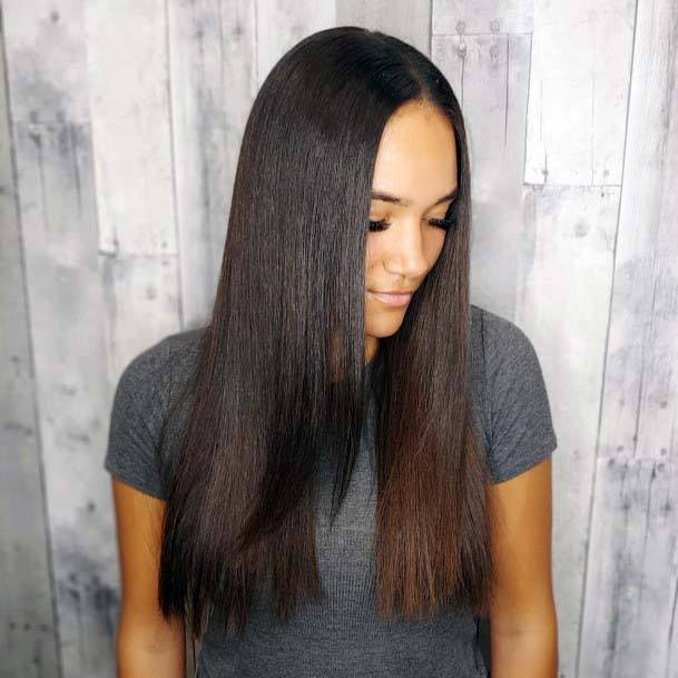 Dark Brown Middle Parted Sleek Straight And Polished Womens Hairstyle