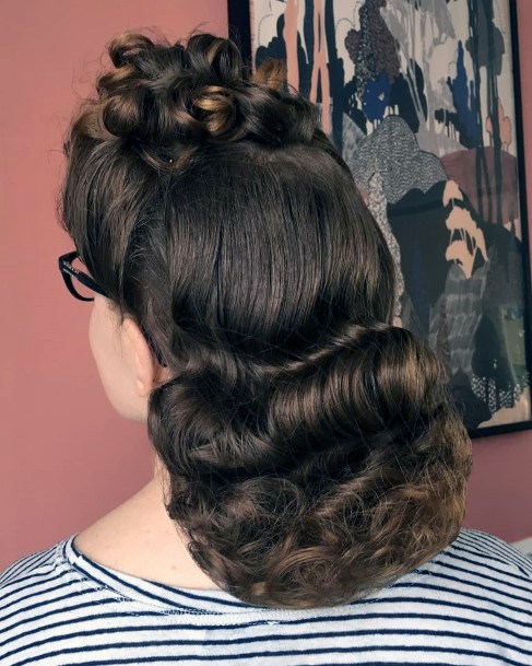 Dark Brown Vintage Finger Waves Half Up Tight Womens Hairstyle