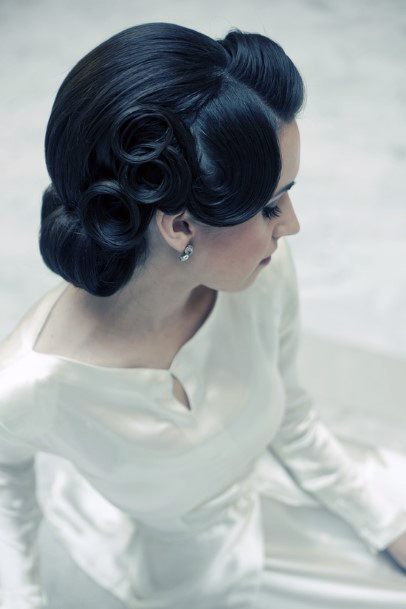 Dark Brown Vintage Tight Curled Elegant Updo Womens Hairstyle