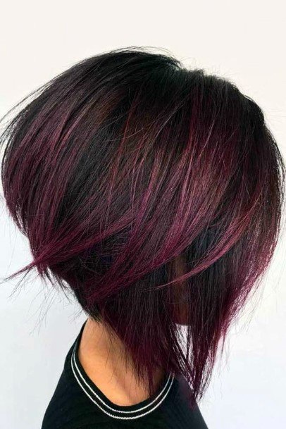 Dark Female Thick Airy Hair With Red Highlights Inverted Wedge