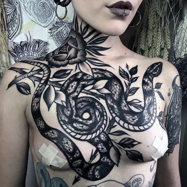 Dark Grey Snake Tattoo Womens Chest
