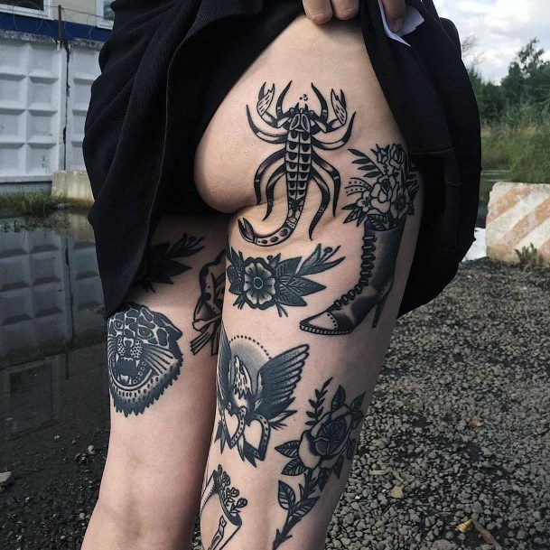 Dark Grey Traditional Tattoo For Women Legs