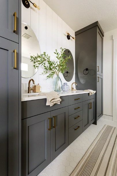 Dark Grey With Round Mirrors Bathroom Cabinet Ideas