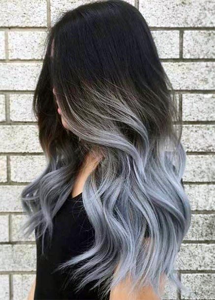 Dark Haired Woman With Grey Sporty Hair Tips Hairstyle Inspirations