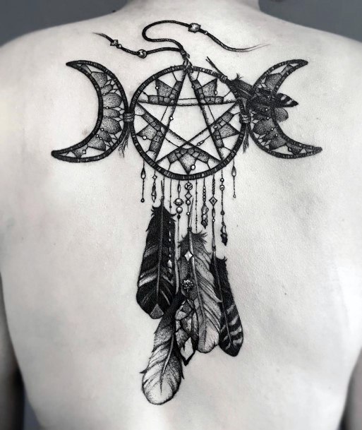 Dark Half Moon Pair Dream Catcher Tattoo Womens Back