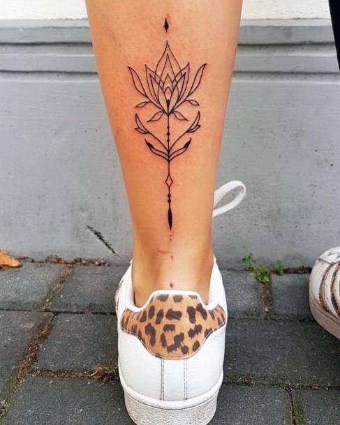 Dark Ink Lotus Tattoo Womens Calves