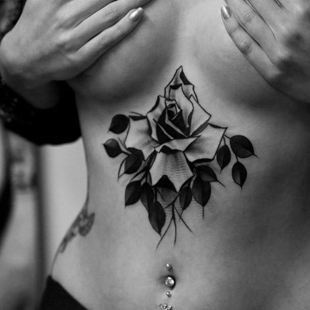 Dark Leafy Flower Tattoo Womens Torso