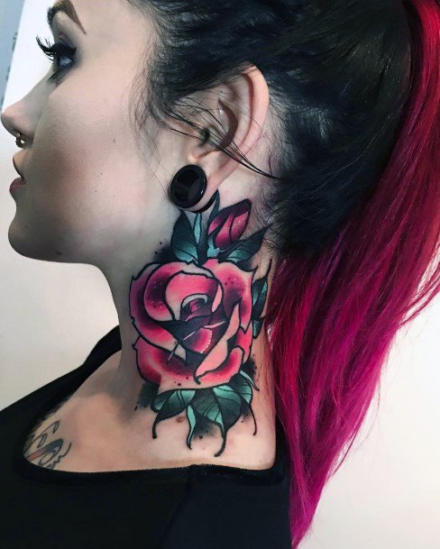 Dark Maroon Roses Women Neck Tattoo