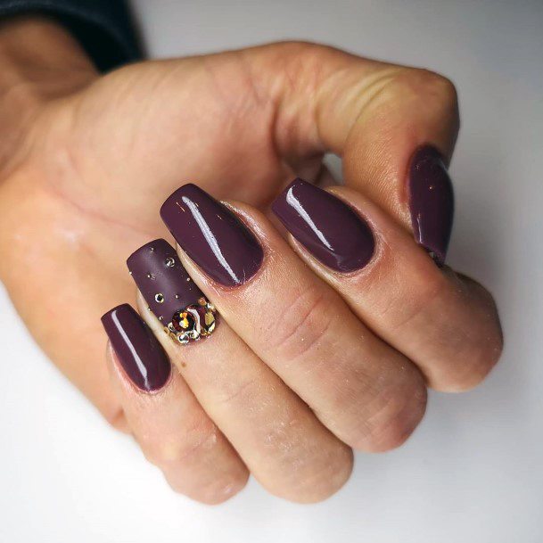 Dark Mauve With Crystal Attractive Nails