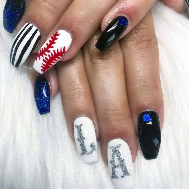 Dark Midnight Blue And White Sport Nails For Women