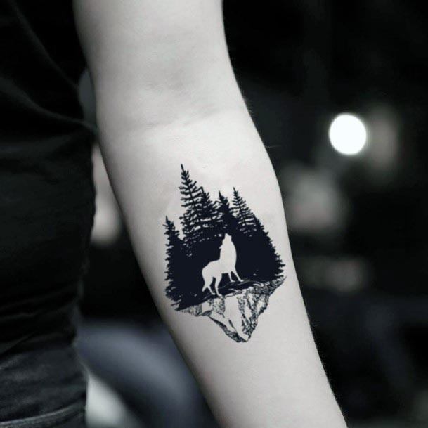 Dark Pine Trees And Wolf Tattoo Womens Forearms