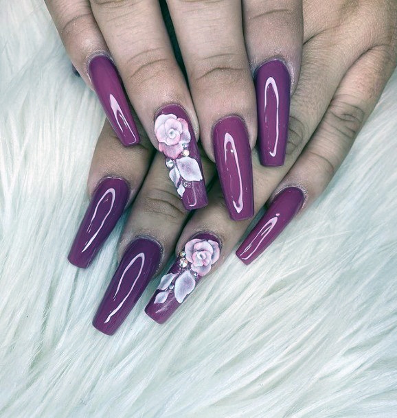 Dark Purple 3d Flower Nails White