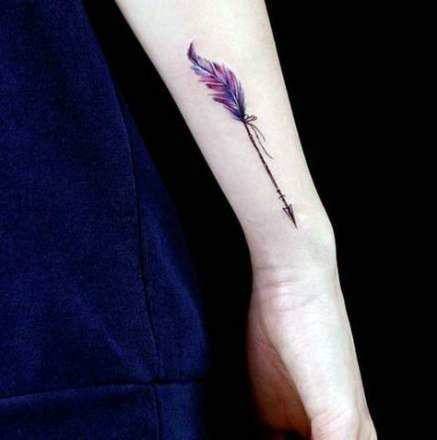 Dark Purple Feather And Arrow Tattoo Womens Hands