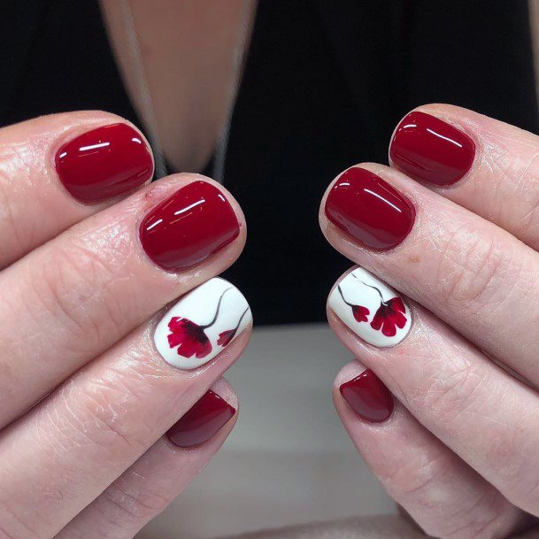 Dark Red Floral Design Attractive Nails