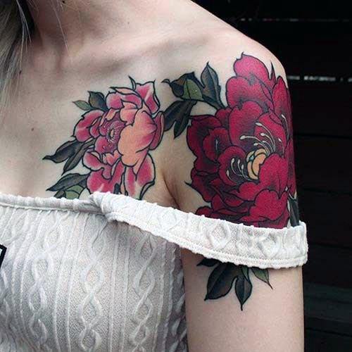 Dark Red Florals Tattoo Womens Shoulders