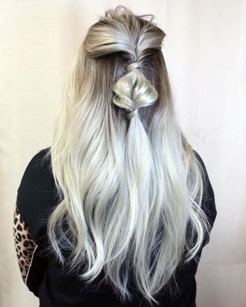 Dark Rooted Half Up Ashy Platinum Blonde Long Womens Hairstyle