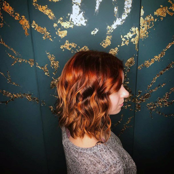 Dark Rooted Orange And Red Shiny Ombre Curly Womens Hairstyle