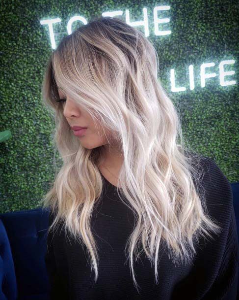 Dark Rooted White Platinum Blonde Textured Wavy Ombre Womens Hairstyle