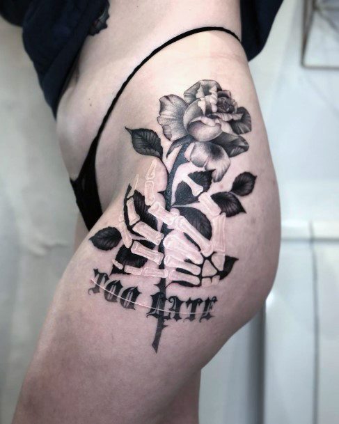 Dark Rose And White Ink Tattoo Womens Thigh