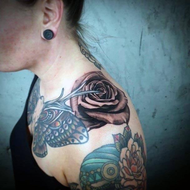 Dark Rose Tattoo Womens Shoulder