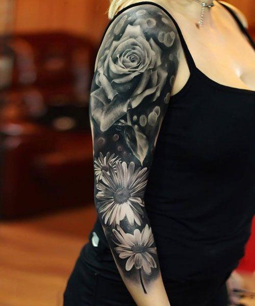Dark Roses And Flowers Tattoo Women Arms