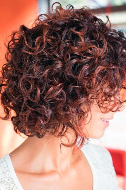 Dark Scarlet Tight Thick Curls On Shoulder Length Hair