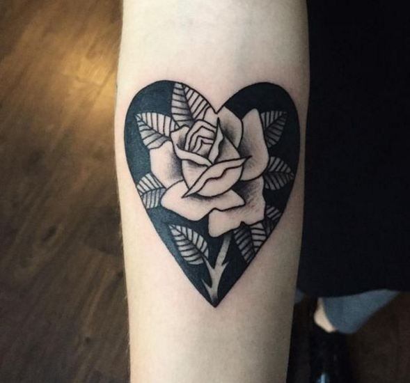 Dark Shaded Rose Heart Tattoo Womens Forearms