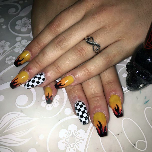 Dark Smoke Checkered Nails Women