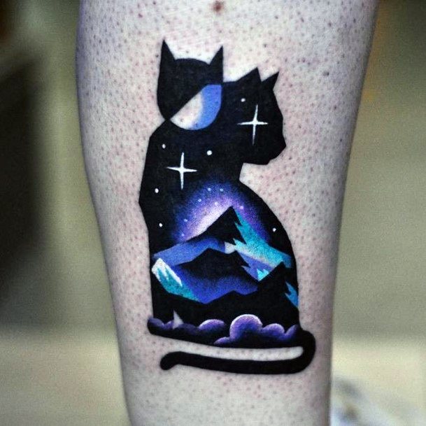 Dark Starry Night Cat Tattoo For Women