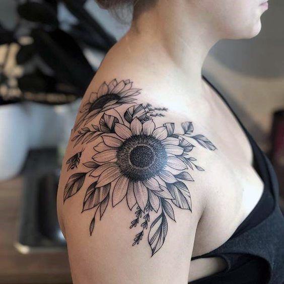Dark Sunflower Tattoo Womens Shoulder