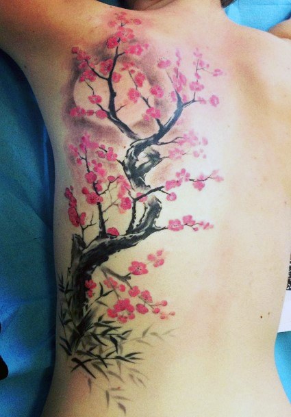 Dark Tree Branch With Cherry Blossom Tattoo For Women Back Art
