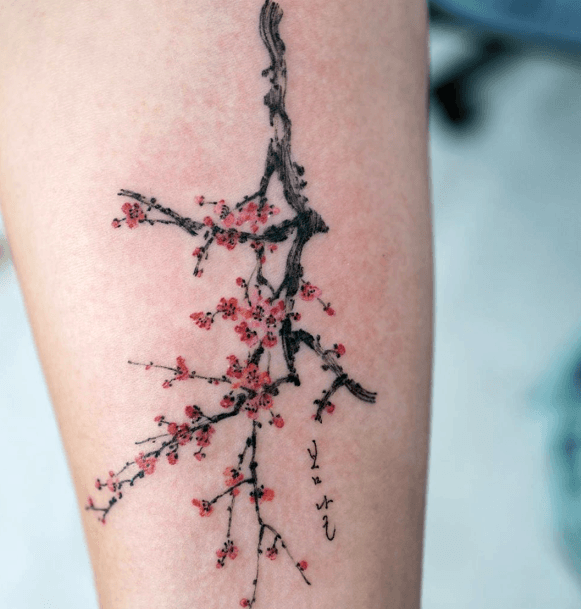 Dark Twig With Cherry Blossom Tattoo For Women