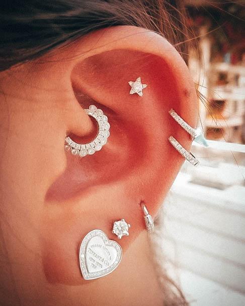 Dazzling And Sparkling Diamond Hoop Daith And Mid Helix Beautiful Silver Star Flat Tripple Lobe Large Heart Ear Piercing Design Ideas For Women