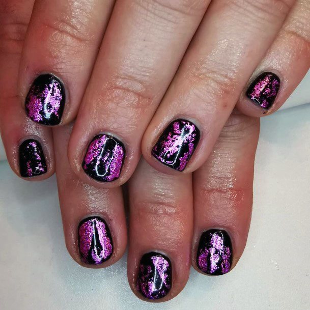 Dazzling Black And Purple Crackle Nail Design For Women