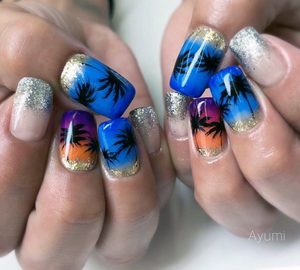 Dazzling Blue Sunset Palm Tree Nail Inspiration For Women