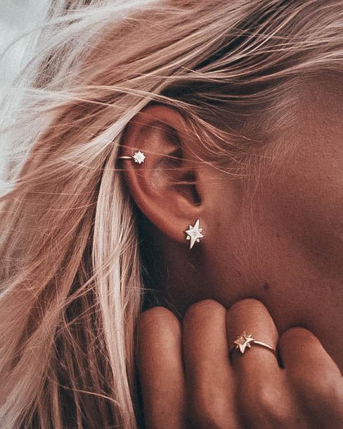 Dazzling Bright Star Lobe And Cute Helix Hoop Ear Piercing Ideas