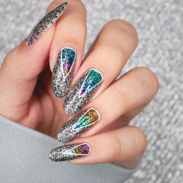 Dazzling Glitter Round Tip Long Colorful Triangle Nails For Women