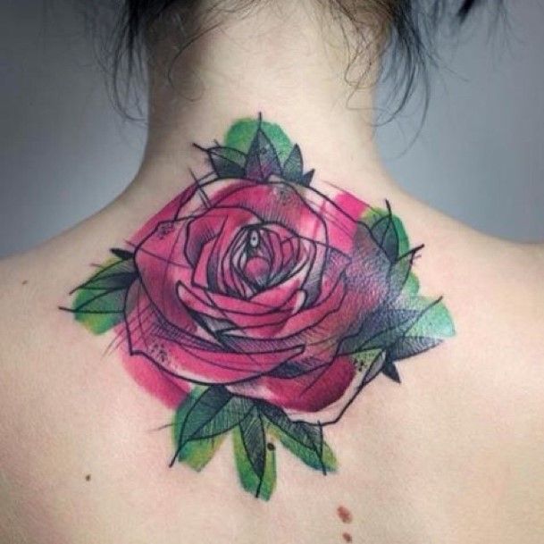 Dazzling Pink Rose Tattoo Womens Back