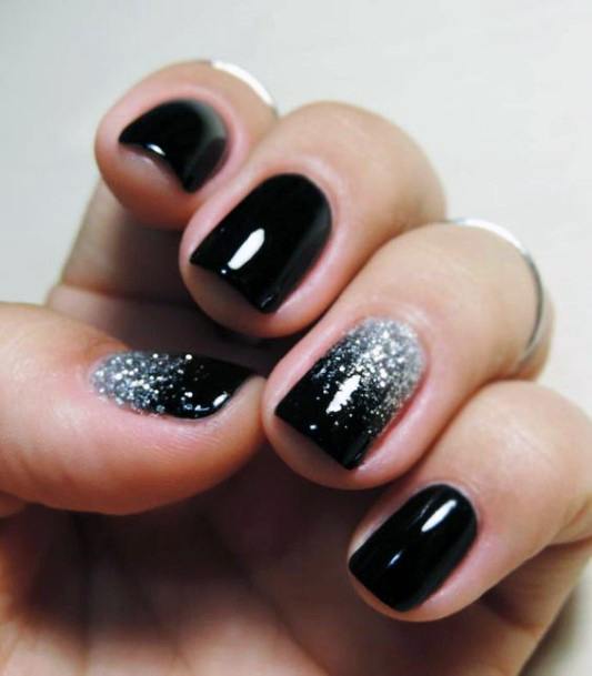 Dazzling Slick Black And Silver Sparkly Nail Design For Ladies