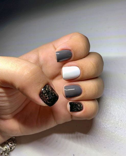 Dazzling Sparkling Black White And Grey Gel Nail Design For Girls