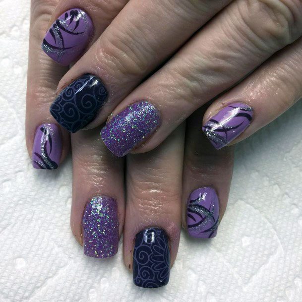 Dazzling Sparkling Purple And Black Cute Nail Design For Women