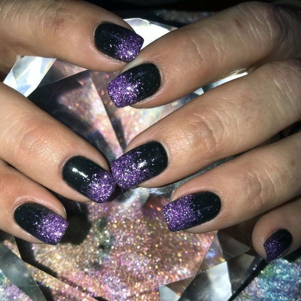 Dazzling Sparkling Purple And Black Faded Nail Design Inspiration For Ladies