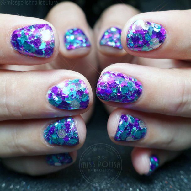 Dazzling Sparkly Blue And Purple Short Girly Nails For Women