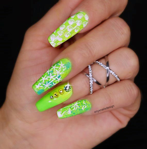 Dazzling Stars And Bling Lime Green Nails