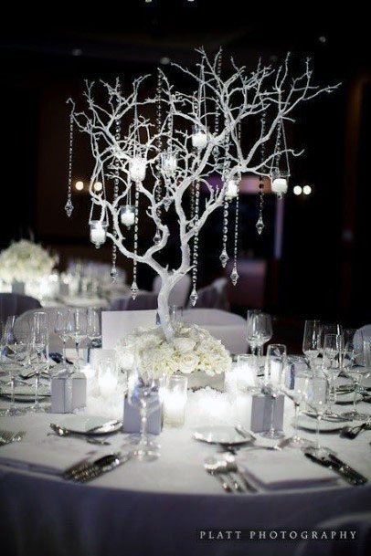 Dazzling Sweet Silver Winter Tree Wedding Reception Winter Table Center Piece Inspiration