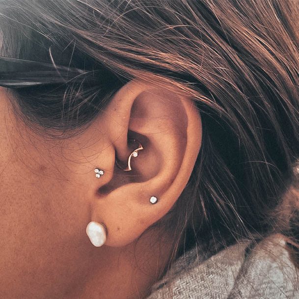 Dazzling White Pearl Lobe Shiny Upper Lobe Tragus And Cute Daith Piercings For Women